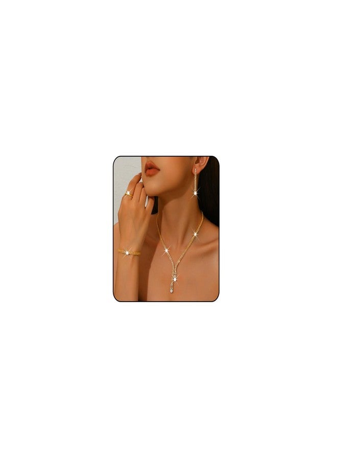 IS4U Sparkling Rhinestone Jewelry Set for Women Elegant Crystal Zircon Necklace Ring Earrings Bracelet Bridal Wedding Prom Party Fashion Jewelry (Gold) - Image 1